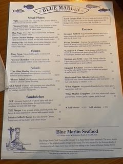 Blue Marlin menu side 1, Anna Maria Island